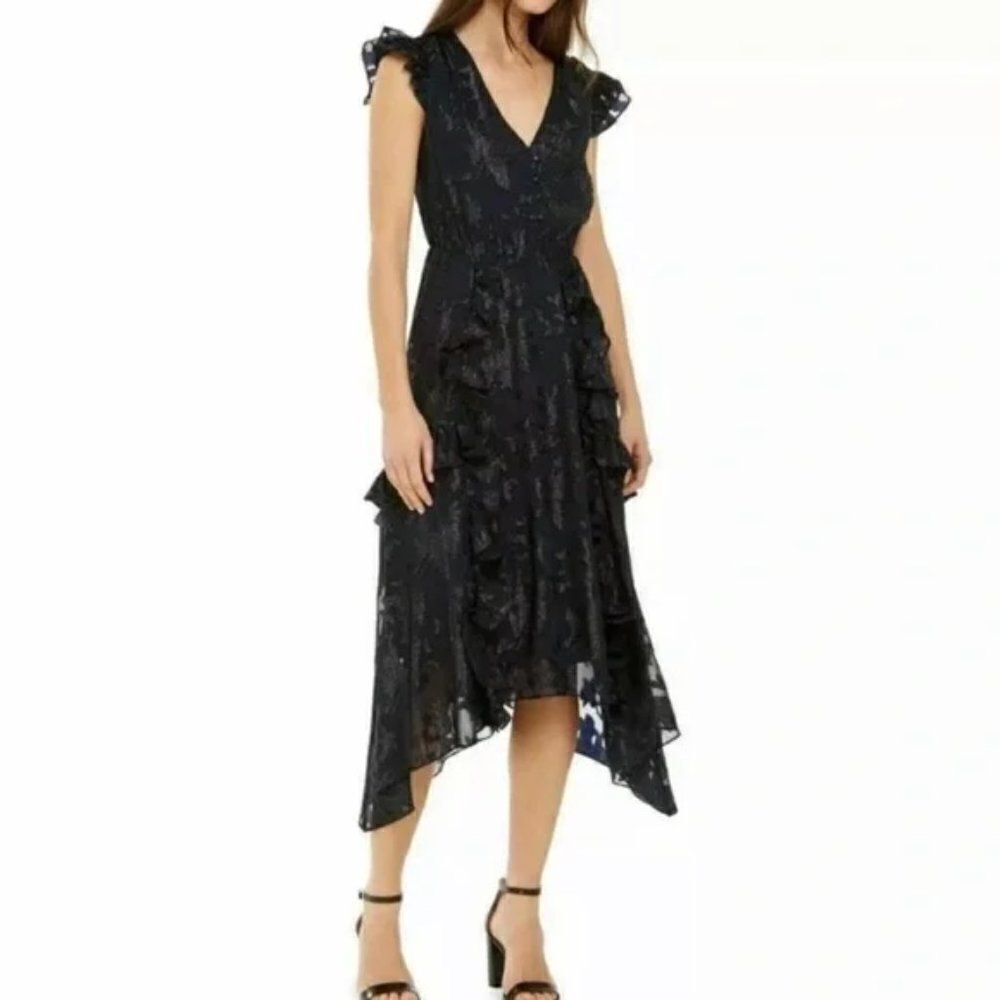 INC Ruffled Button-Front Midi Dress in Navy.